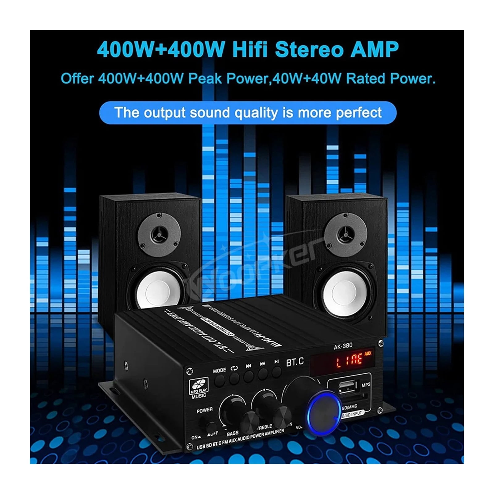 AK380 Digital Amplifier 800W Bluetooth Power AMP Hifi Bass FM Music Subwoofer Media Player Support USB AUX Input