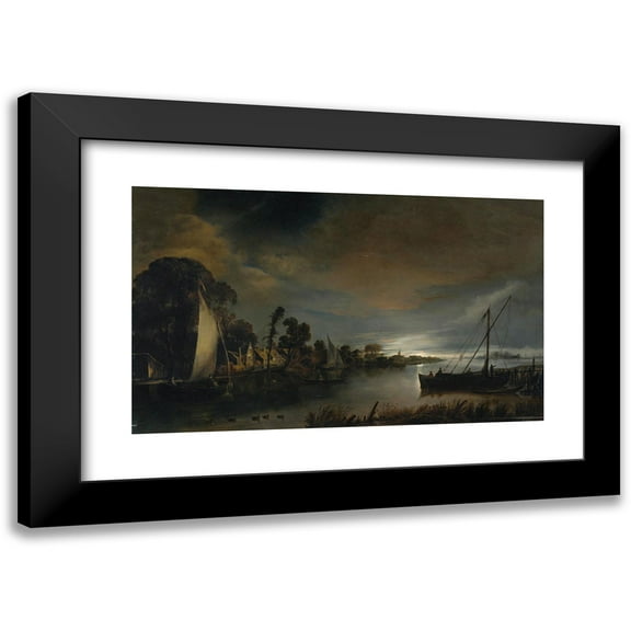 Anthonie Van Borssum 14x10 Black Modern Framed Museum Art Print Titled - A Moonlit River Landscape (1645)