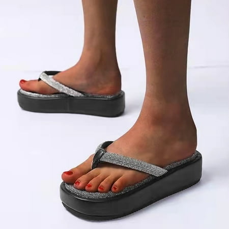 

Women S Slippers Women S Fashion Rhinestone Glossy Beach Tow Round Toe Platform Flip-Flops Shoes For Women Pu Black 38
