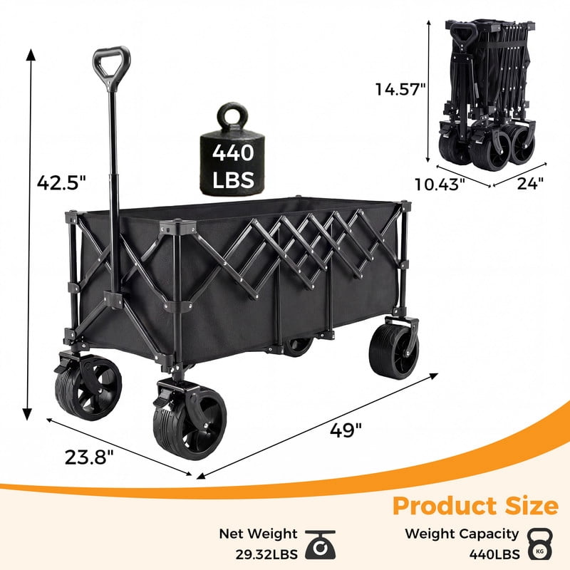 Gianna Foldable Wagon Cart, 440lbs Capacity heavy-duty steel frame，Large-capacity gardening cart，All-terrain tires for camping