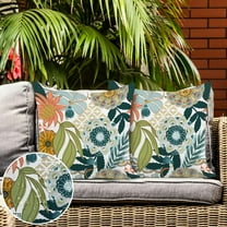 Boho Flowers Leaves Outdoor Pillow Covers 16x16 Inch Set of 2 Waterproof Decorative Floral Square Outdoor Pillows for Patio Furniture Couch Bench Chair