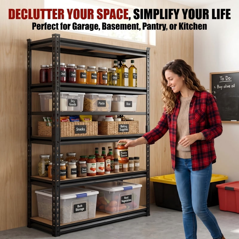 5-Tier Heavy Duty Garage Shelving Unit, 2000 LBS Capacity Storage Rack with Adjustable Shelves, 60" x 28" x 12" Boltless Metal Shelf for Basement, Pantry & Workbench, Black
