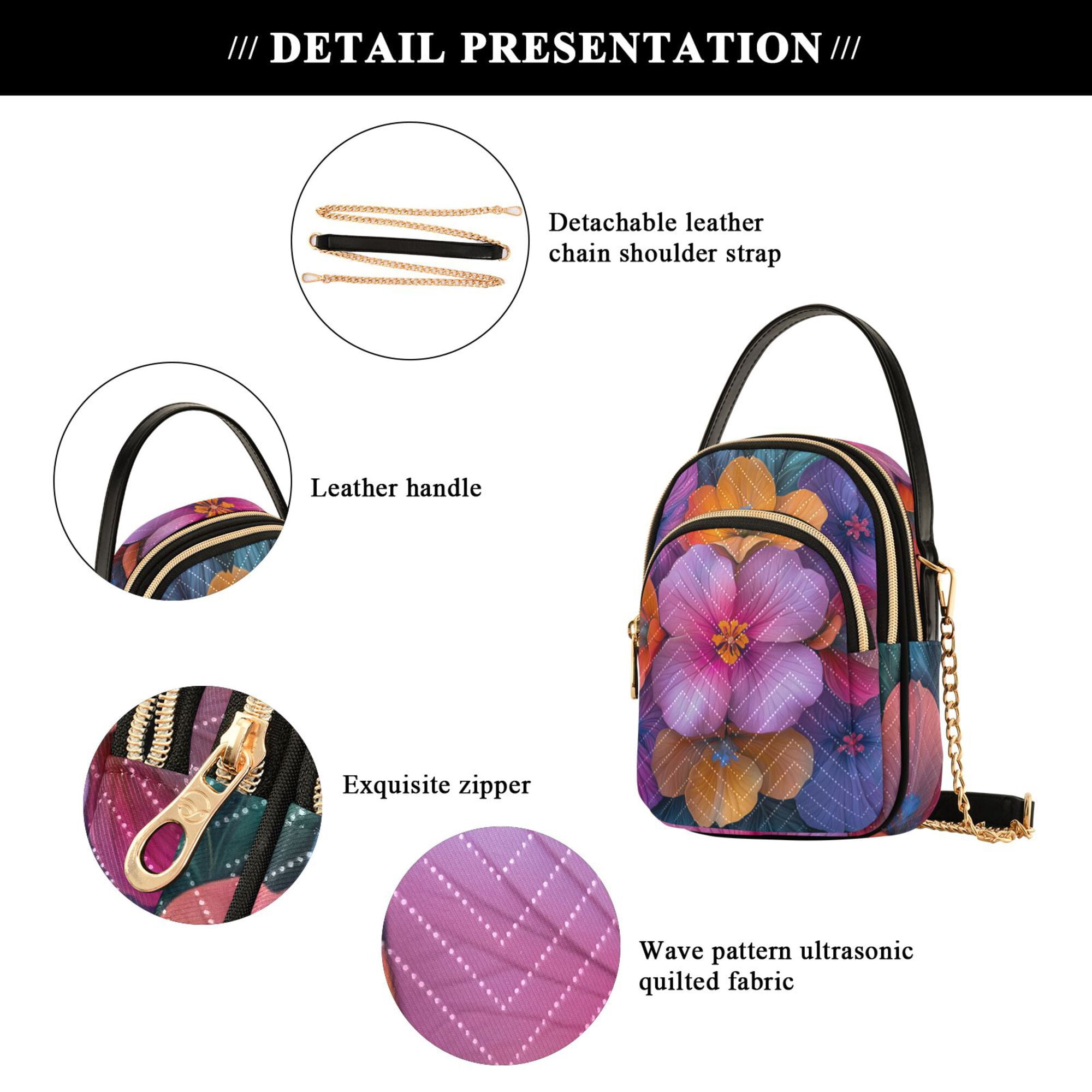 FORMRS Crossbody Bag for Women Quilted Travel Shoulder Cell Phone Purse with Chain Strap Handbag, Large Purple Flowers