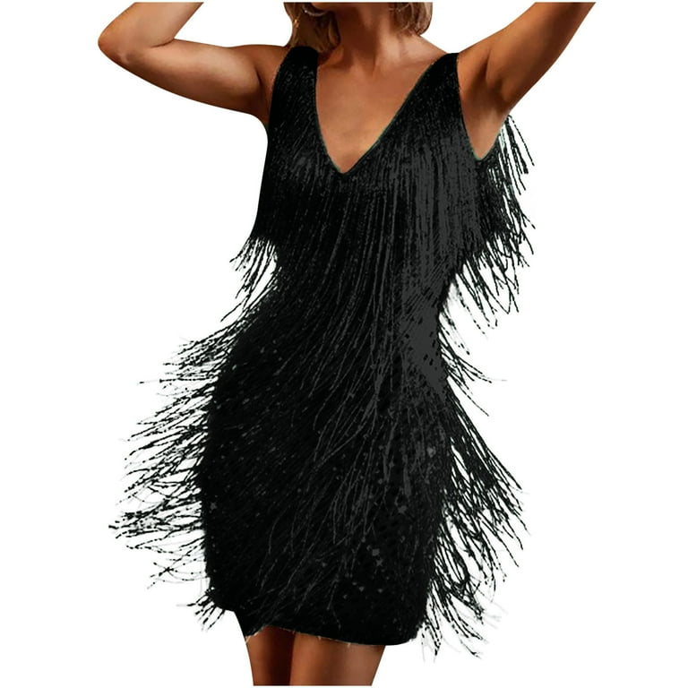 Rciityk Cocktail Dresses for Women Sexy V-Neck All-Over Fringe Spaghetti Straps Dress Sequins Feather Party Prom Dress