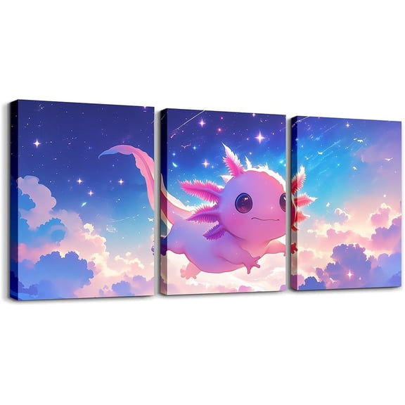 Hieng Boys Girls Cute Axolotl Canvas Wall Art for Living Room Bedroom Cartoon Salamander Picture Wall Decor Cherry Blossoms Wall Painting Posters Kids Kawaii Bathroom Wall Art Unframed
