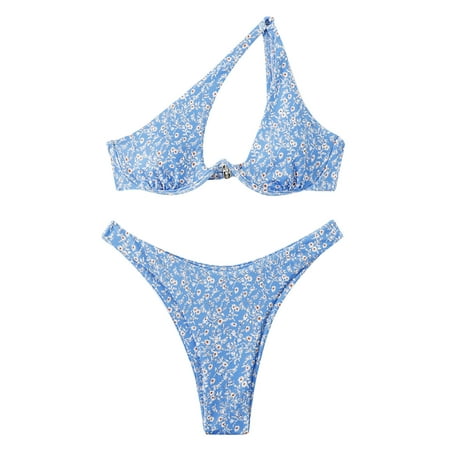 One Shoulder Swimsuits for Women 2 Piece Floral Bathing Suit Underwire Bikini Top with Thong Bottoms Cheeky Swimwear  Blue  XL