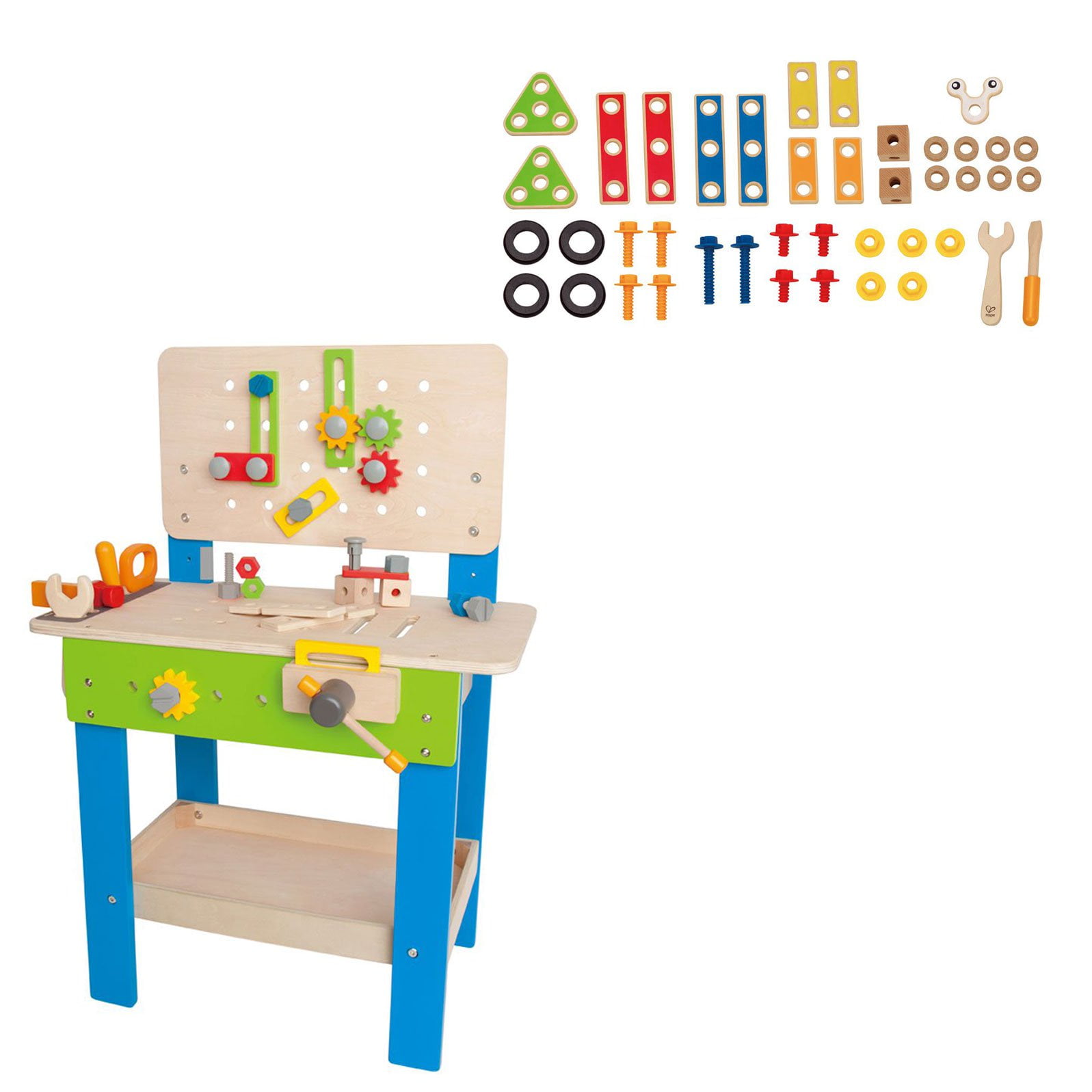 Hape Wooden Tool and Workbench Toy and 42 Piece Blocks Basic Builder Play Sets