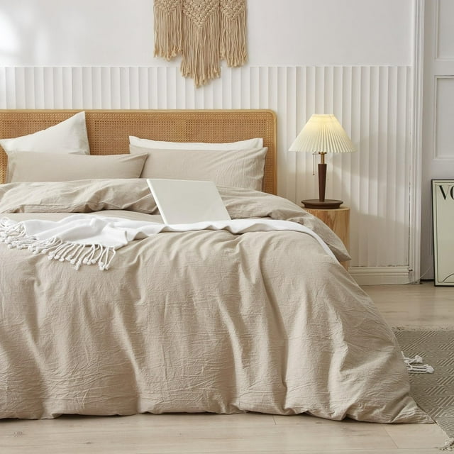 Washed Cotton Duvet Cover Set Linen Feel Natural Wrinkle Lightweight Comfy (King Linen)