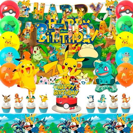 Pokemon Party Supplies, 38 Pcs Pokemon Themed Birthday Decorations - Yellow Balloons Banners Cake Topper Ect for Kids Cartoon Themed Birthday Party