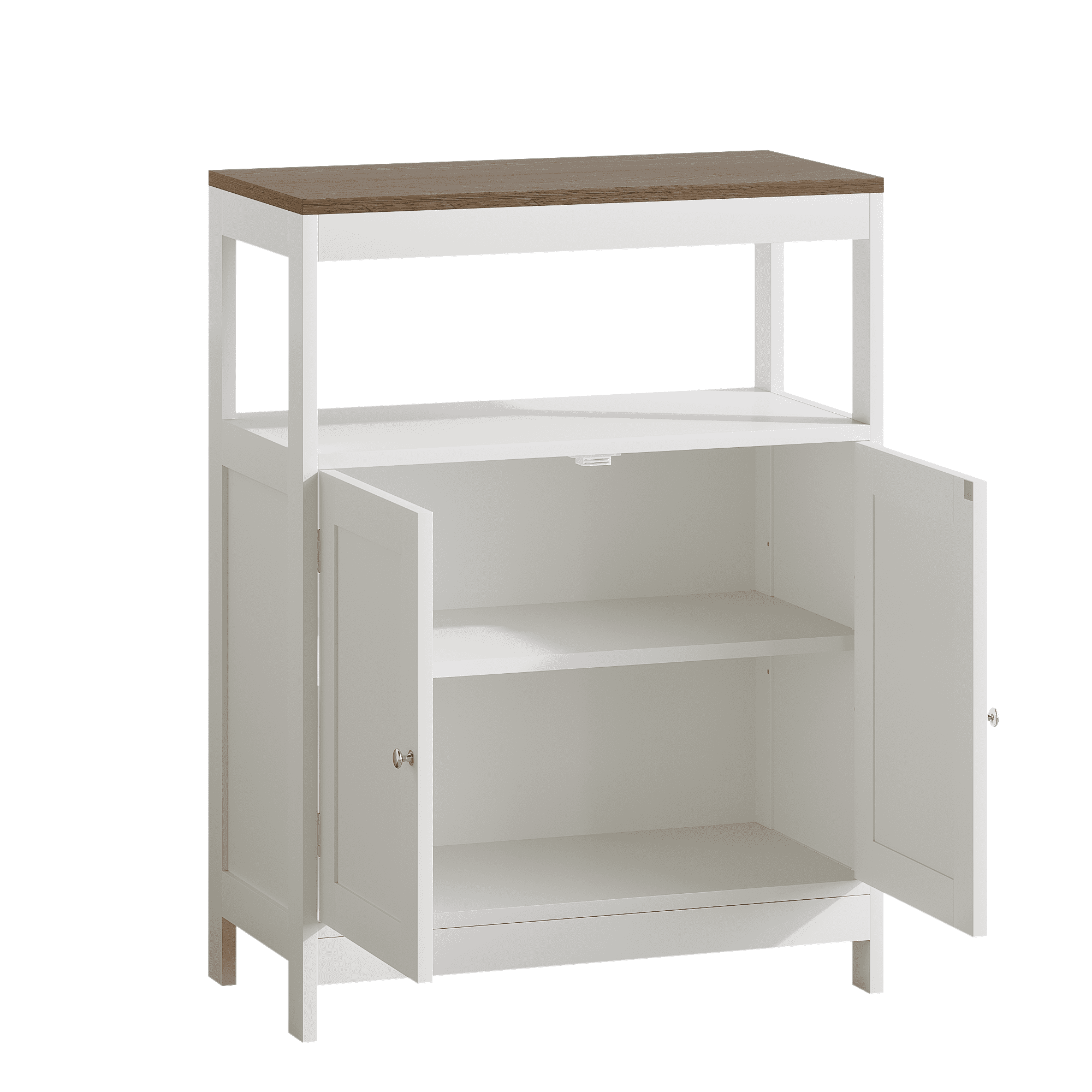 Modern Storage Cabinet with Double Doors, Free-Standing Bathroom Cabinet with Adjustable Shelf and Natural Wood Top, Multi-Purpose Organizer for Kitchen, Living Room, Bathroom or Entryway – White