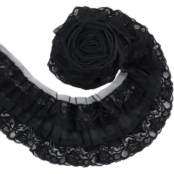 4.37 Yards 3 Layer Pleated Organza Lace Edge Trim 4 Inch Wide Gathered Ruffle Chiffon Ribbon Black Pleated Edging Trimmings Fabric for Cloth Sewing Embroidered Applique