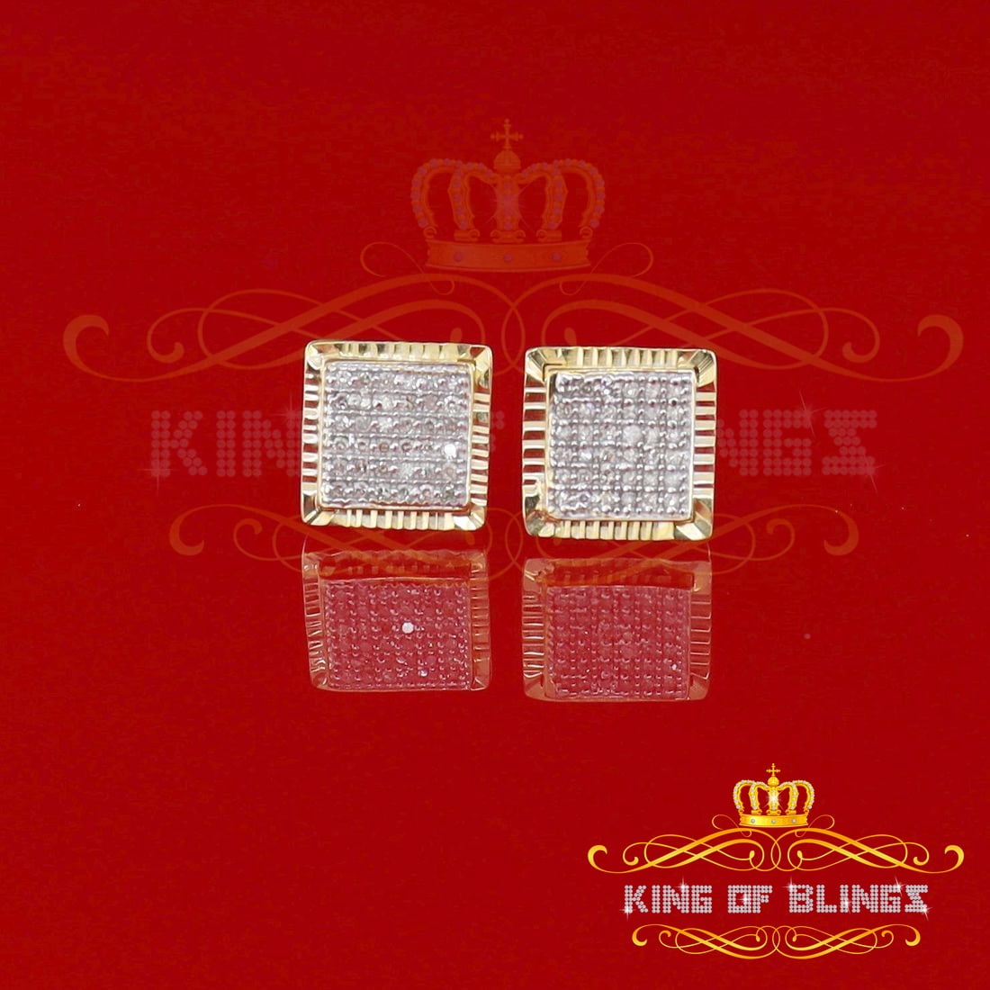 King of Bling's Aretes Para Hombre 925 Yellow Silver 0.20ct Diamond Stud Women's Square Earrings