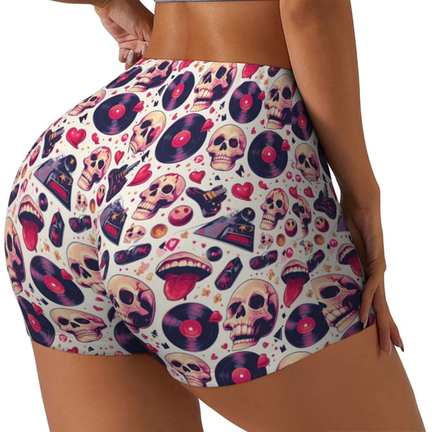 Fotbe Skull lips record Guitar Shorts Sin Costuras – Shorts Deportivos de Cintura Alta para Mujer, Elásticos para Gimnasio, Yoga, Running o Ciclismo-Medium