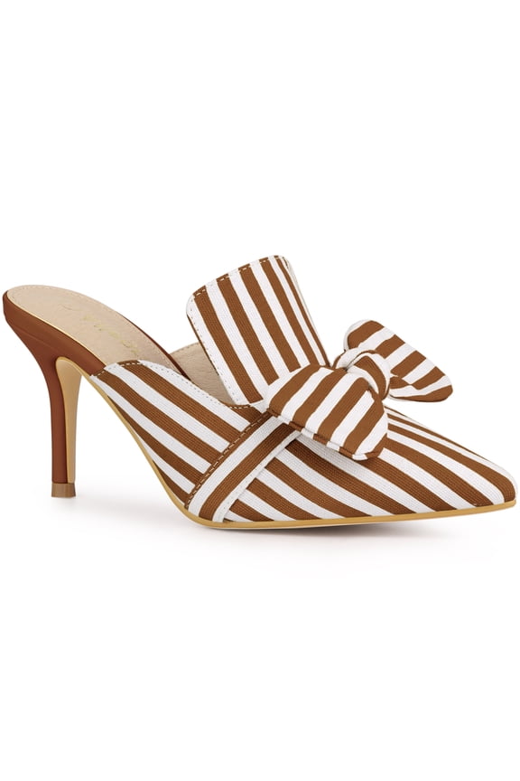 Women's Stiletto Heel Mules Pointed Toe Stripe Bow Slip-On Dress Shoes Dark Brown 10