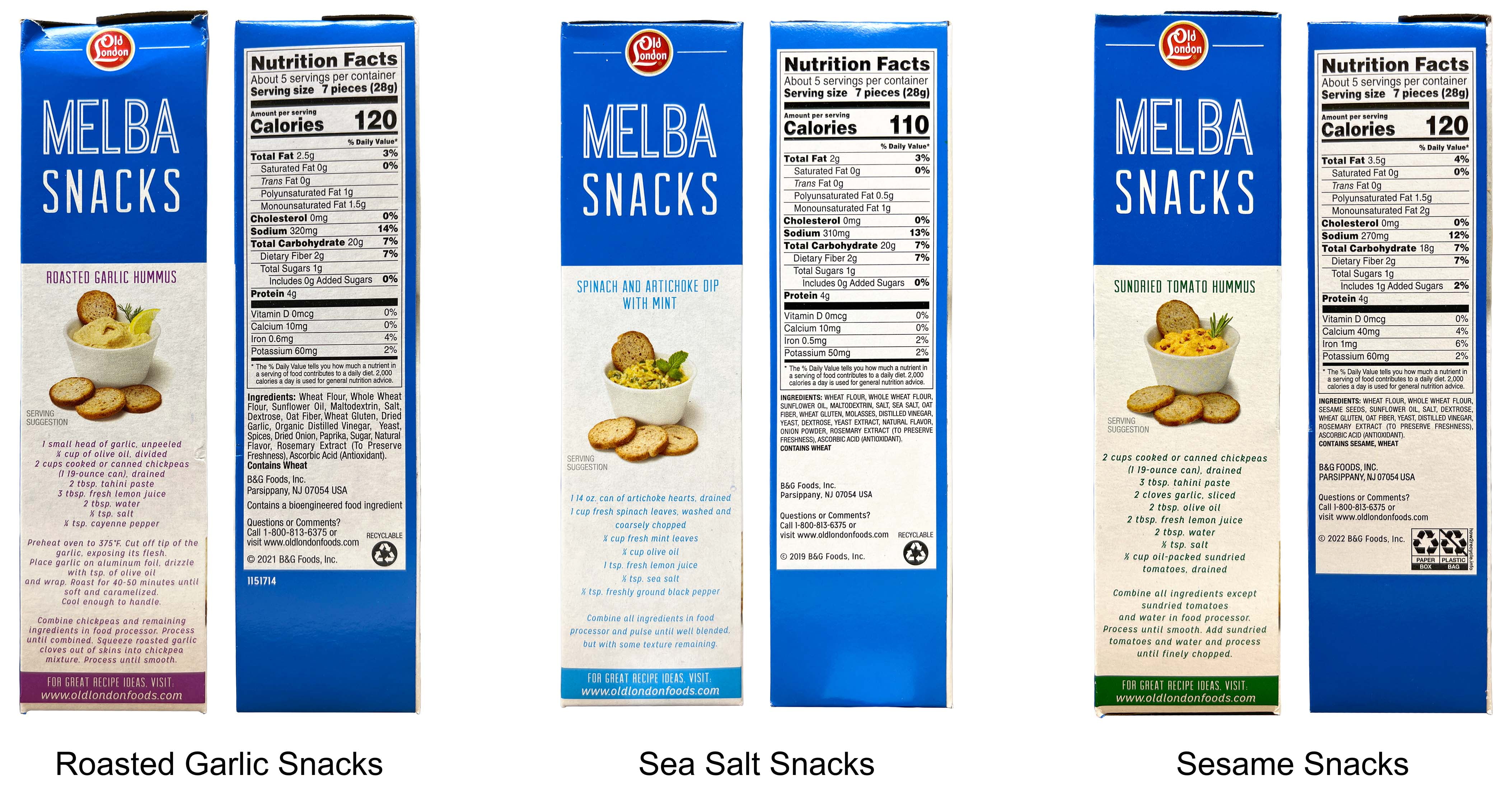 Old London Melba Snack Dipping Crackers 3 Flavor 1 each: Roasted Garlic, Sesame, Sea Salt (5.25 Ounces) + MerlinsMart Zine