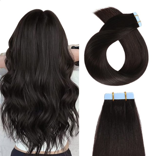 YILITE Extensiones de cabello humano con cinta adhesiva de 22 pulgadas, 20 unidades, 1.76 oz, cinta en extensiones de cabello lacio sedoso, color negro, extensiones de cabello humano real