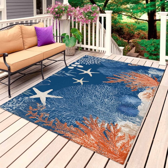 Orange Navy Blue Coral Outdoor Rug 6x9 Ft, Non Slip Washable Area Rug, Summer Beach Coastal Ocean Starfish Patio Rugs Carpet Runner, Large Floor Mat for Indoor/Outdoor Deck Porch Camping