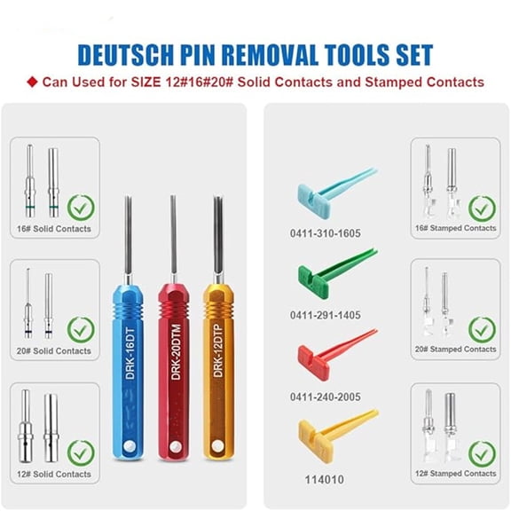 Pin Extractor Tool for 16#12#20# Solid/Stamped Contacts 10-22 AWG, Terminal Removal Tool Kit with Steel DRK-RT1 for DT,DTM,DTP Series Connector 13PCS