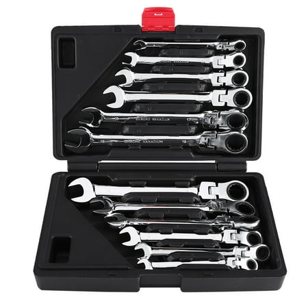 12-Piece 8-19mm Metric Flex-Head Ratcheting Wrench Set, Professional Superior Quality Chrome Vanadium Steel Combination Ended Standard Kit with Portable Tool Case