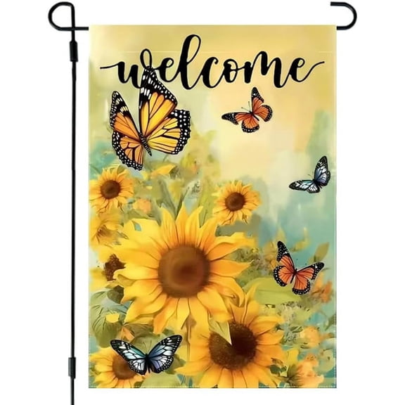 Spring Summer Double Sided Garden Flag, Burlap Farmhouse Butterfly Sunflower Welcome Outdoor Decoration, 12 x 18 Inch Small Yard Lawn Porch Flag