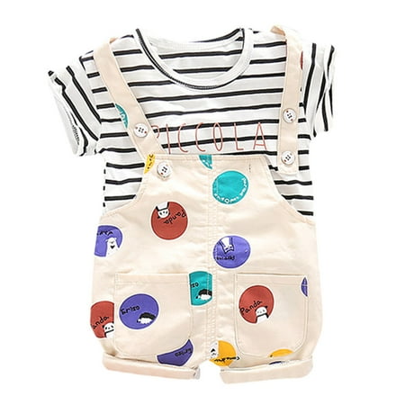 

Toddler Baby Boy Kid Girl Dot Stripe Letter Tops T-shirt Strap Short Outfits Set For 6-12 Months