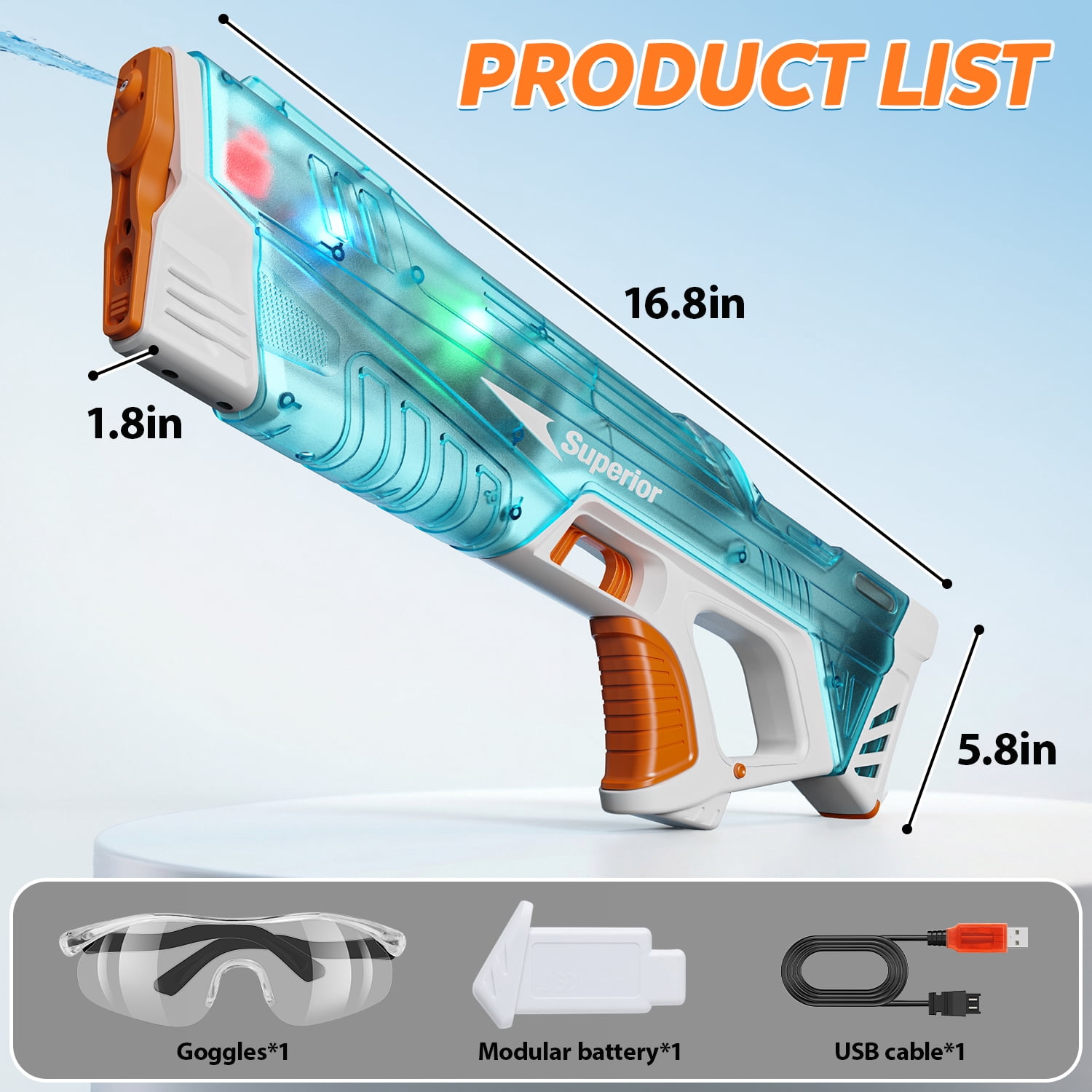 WonderStone Electric Water Blaster, Modular Battery Powered Automatic Waterproof Water Machine with Light, 32 Ft Long Range, Pool & Beach Outdoor Party Toy for Kids Ages 8–12, Cyan