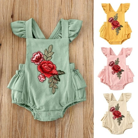 

Baby Girls Flower Embroidery Square Neck Flounced Sleeve Bodysuit Jumpsuit for Kids