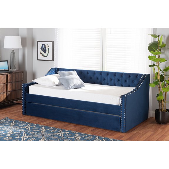 Baxton Studio Raphael Modern and Contemporary Navy Blue Velvet Fabric Upholstered Twin Size Daybed with Trundle