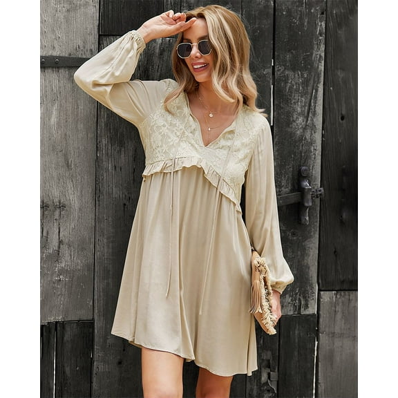 Tie Neck Long Sleeve Ruffle Lace Detail Tunic Dress for Women