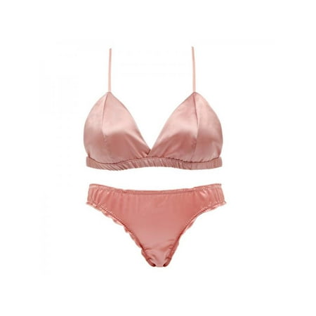 

SUPERHOMUSE Bikini Smooth Satin No Steel Ring 3/4 Cup Gathered Triangle Cup Bra + Panties Set S-L