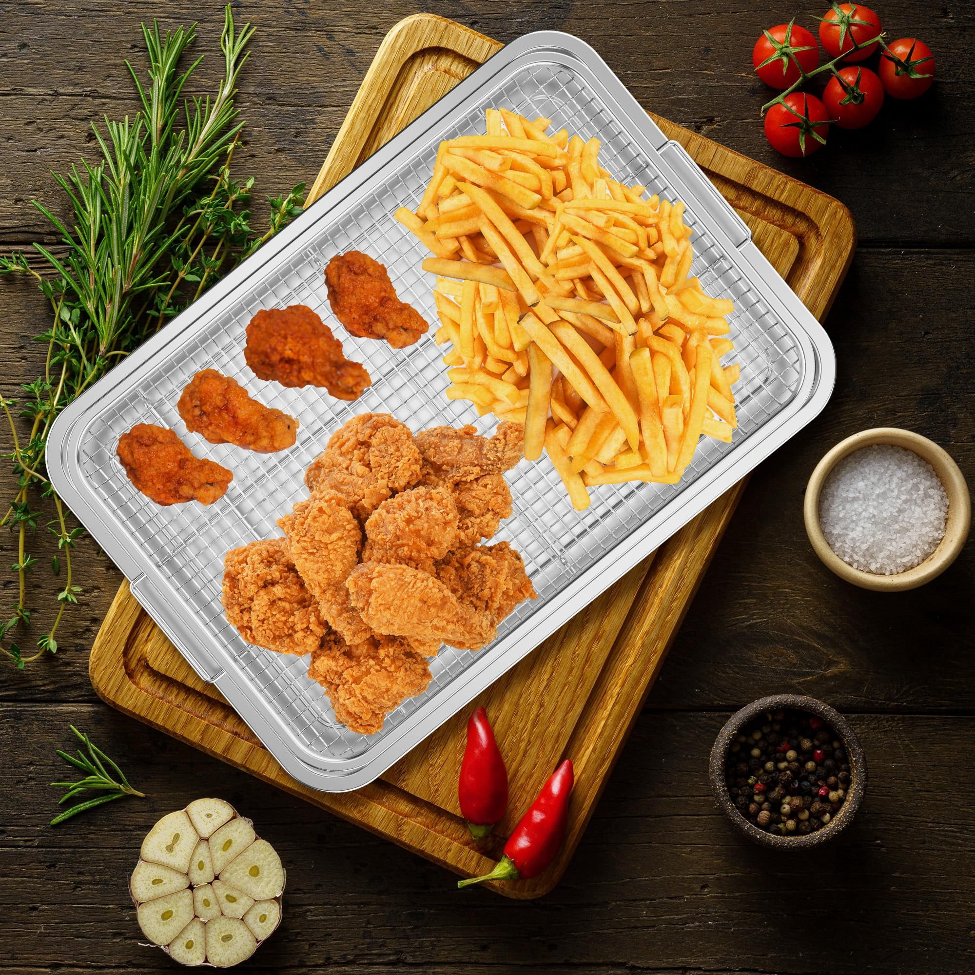 Air Fryer Basket for Oven,Oven Air Fryer Basket and Tray with 30 PCS Parchment Papers,2 Set Stainless Steel Air Fryer Pan and Crisper Tray for Baking Grilling XL(18.8" x 12.8" inch)