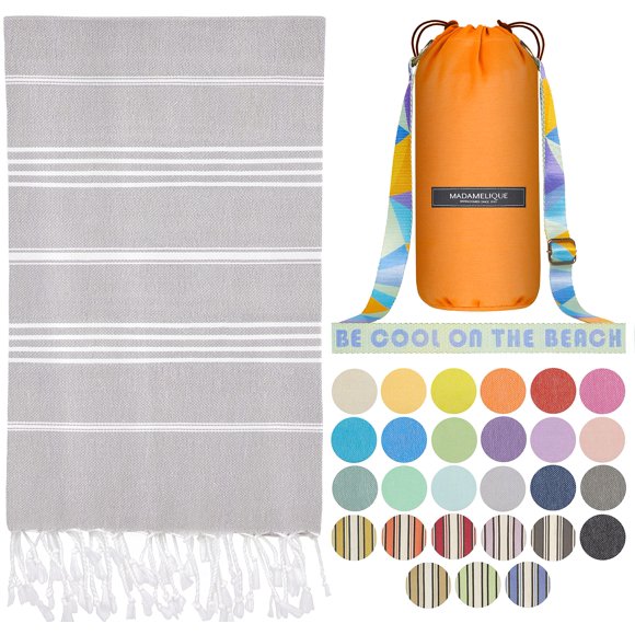 Madamelique Toalla De Playa Turca Con Bolsa De Playa - 39 X 74 - Toallas De Playa Prelavadas De Gran Tamaño -% 100 Algodón - Secado Rápido - Sin Arena - Toallas De Baño Turcas Tejidas A Mano - Toalla