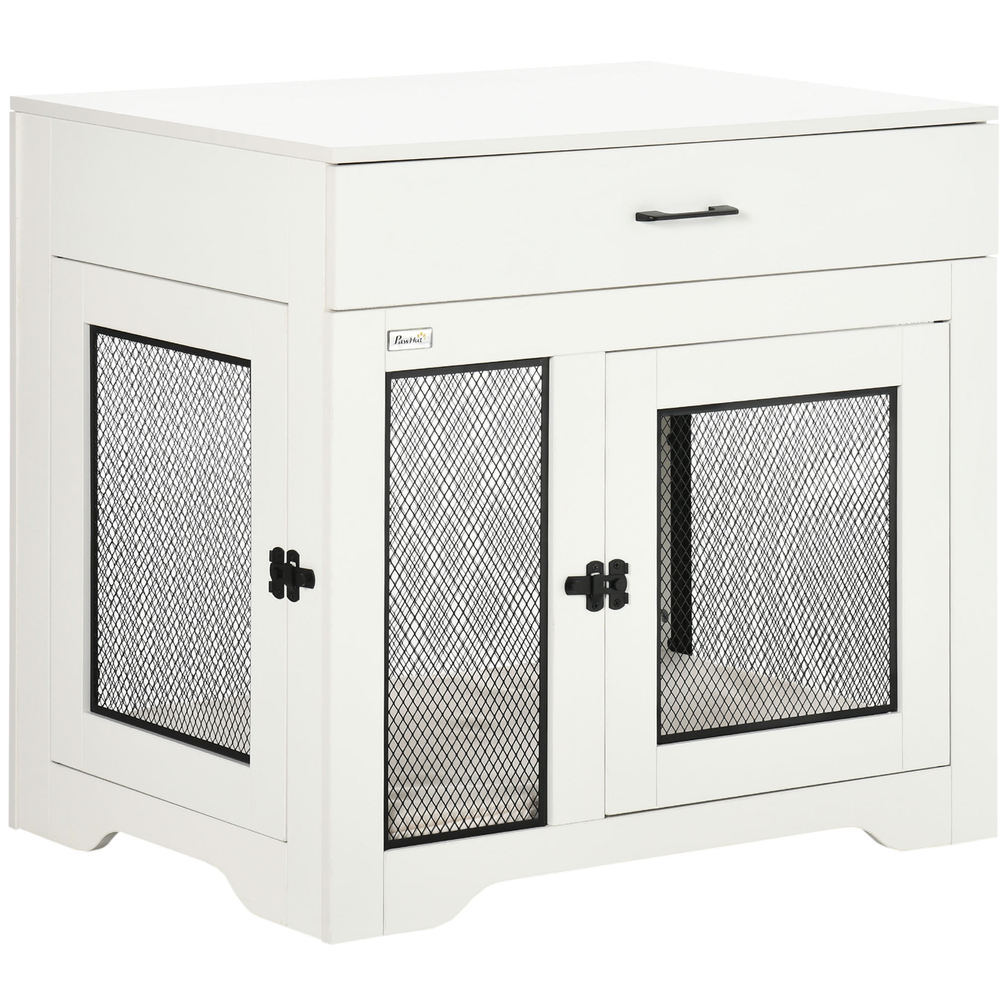 PawHut Dog Crate Furniture with Soft Water-Resistant Cushion, Dog Kennel End Table with Drawer, Puppy Crate for Small Dogs Indoor with 2 Doors, White