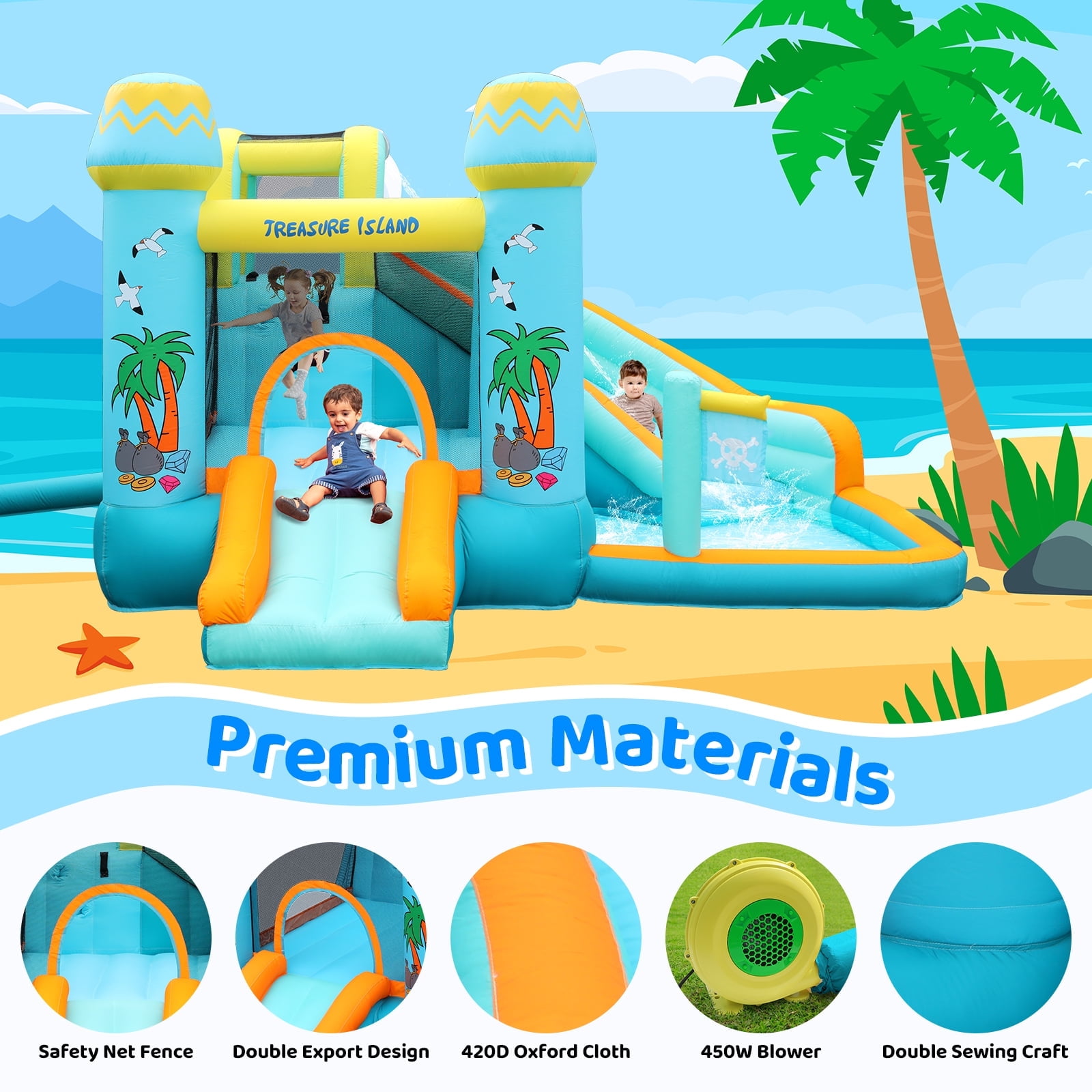 LAZY BUDDY Inflatable Bounce House with Water Slide, Indoor Outdoor Kids Bouncy Castle Water Park with Splash Pool, Jumping Area, Climbing Wall & Blower