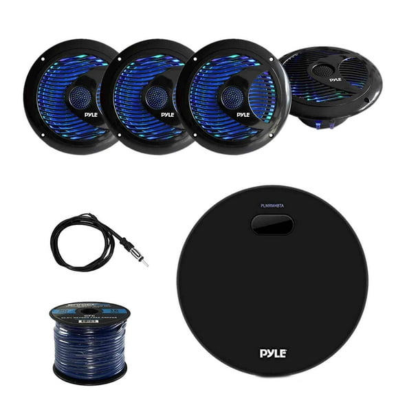 Pyle Marine Bluetooth Water Resistant Amplifier Receiver with Pyle 6.5 Inch Waterproof Audio Marine Grade Dual Speakers (2-Pairs), Enrock Marine Antenna and Enrock Audio 50 Foot 16-Gauge Speaker Wire