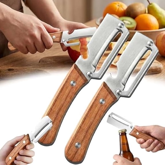 2-in-1 Multi-functional Vegetable Peeler with Wooden Handle and Bottle Opener, Multifunctional Vegetable Peelers, Premium vegetable Peeler with Wooden Handle and Bottle Opener