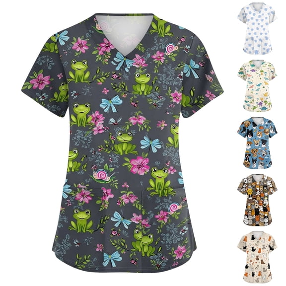 Nature Critter Print Scrub Top for Women, V-Neck Short Sleeve Medical Uniform with Pockets - Breathable Vet Nurse Workwear Tunic Blue L
