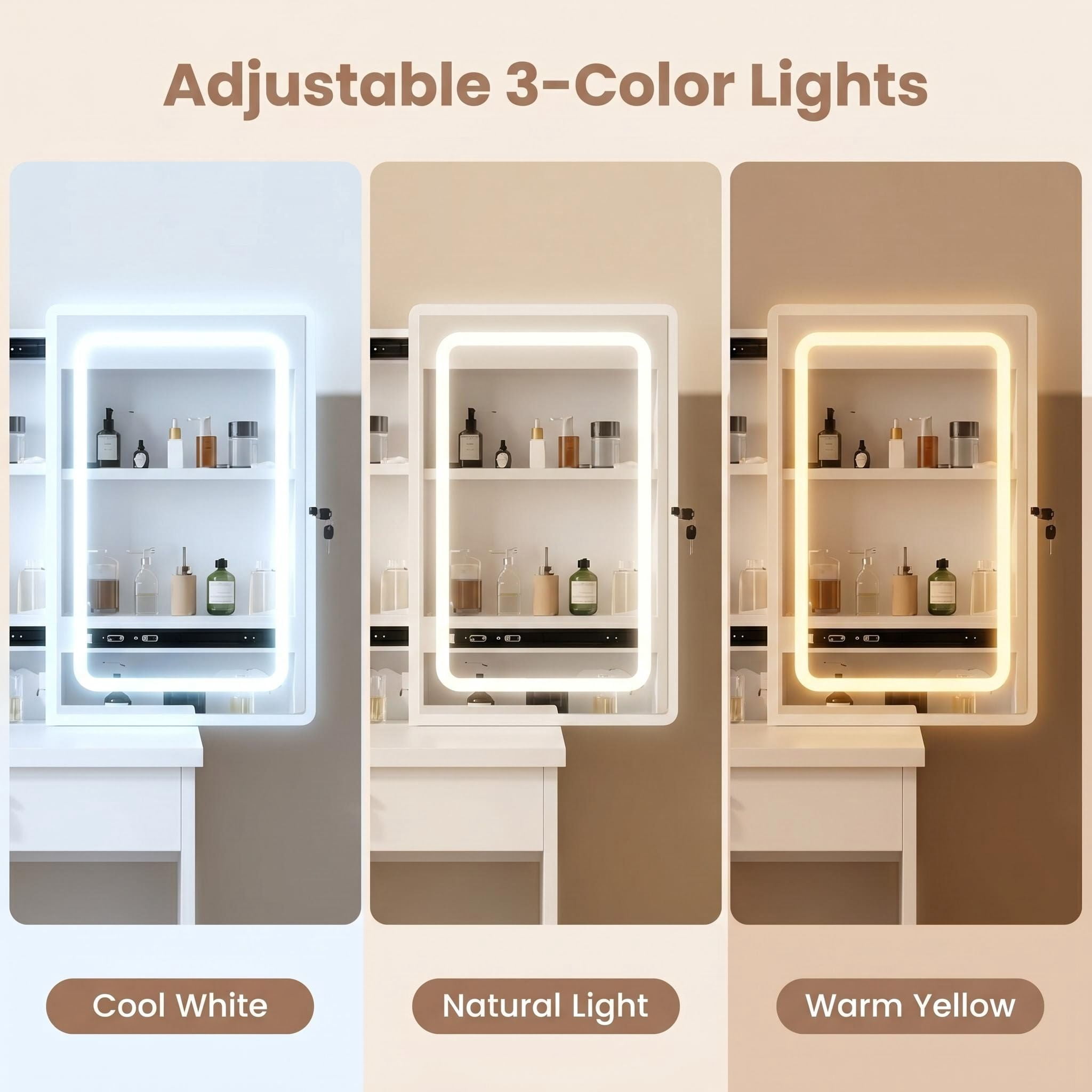 Vanity Desk with Sliding Mirror and Lights, Makeup Vanity Set with 4 Drawers, Stool, Open Shelves, 3 Color Adjustable Lighting Modes, Makeup Dressing Table for Bedroom