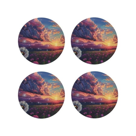 

Junzan Dreamy Dandelion Sunset Print Coasters for Drinks - Leather Coasters Set of 4 for Coffee Table for Housewarming/Kitchen/Bar/Decor-Round Shape