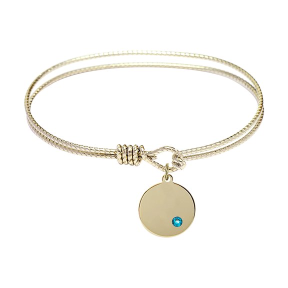 7 1/4 inch Oval Eye Hook Bangle Bracelet w/ Plain Disc medal charm w/ December Blue Swarovski Crystal
