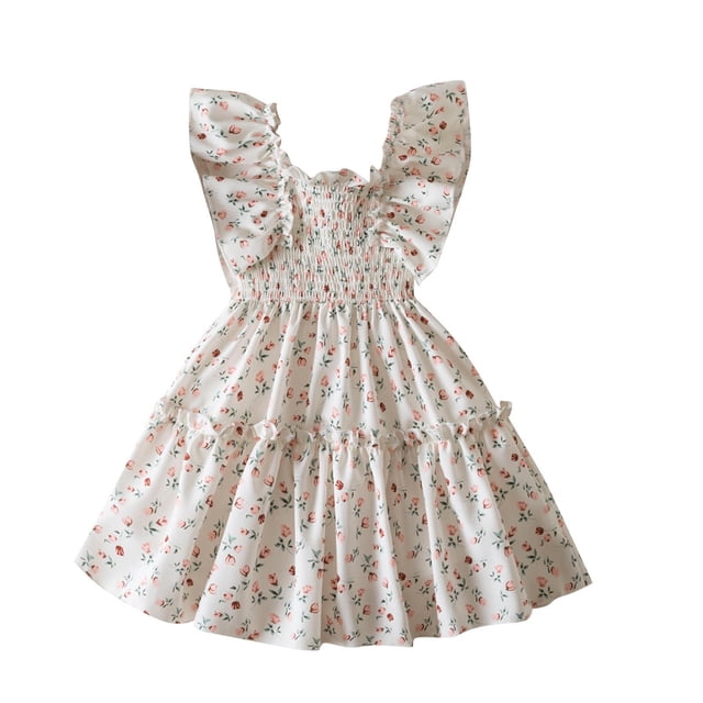 Odeerbi Niñas Verano Vestido Floral Con Volantes Manga Con Volantes Vestido de Princesa Sin Mangas Vacaciones En La Playa