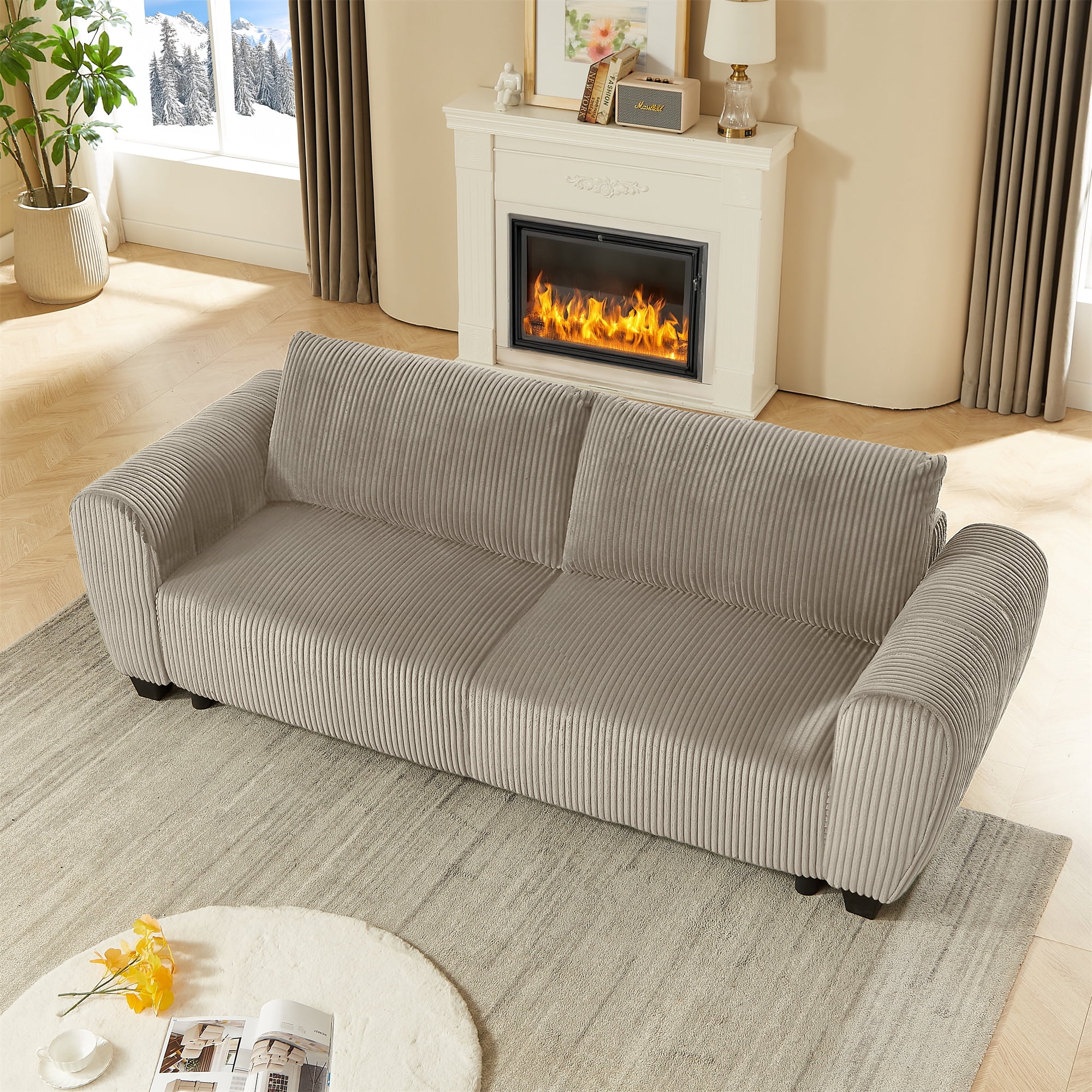 Aukfa 92" Oversized Storage Futon Convertible Sleeper Sofa, Corduroy, 2 Pillows, Light Brown