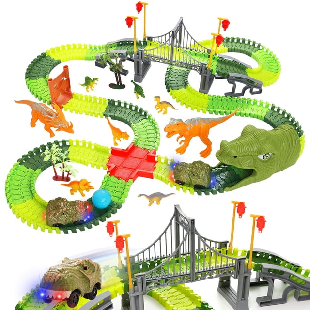 BEMITON Dinosaur Toys Race Car Track Create a Dinosaur World Road Race Juego de juguetes de pista de dinosaurios flexibles 273+ piezas Regalos de cumpleaños de Navidad para niños de 3 4 5 6 7 años