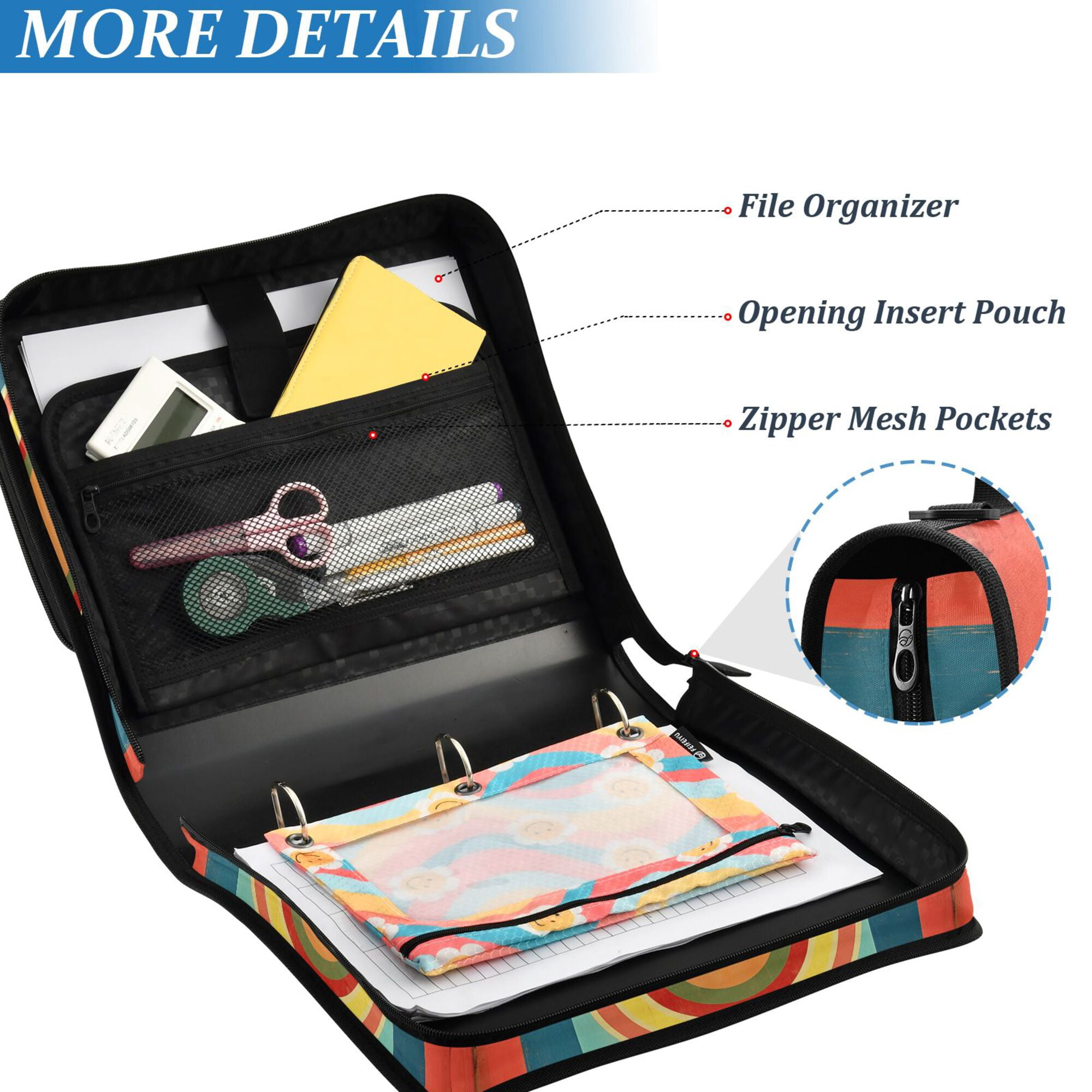 FORMRS Zipper Binder with Shoulder Strap 2-inch Ring 500 Sheet Capacity File Bag, Colorful Stripes
