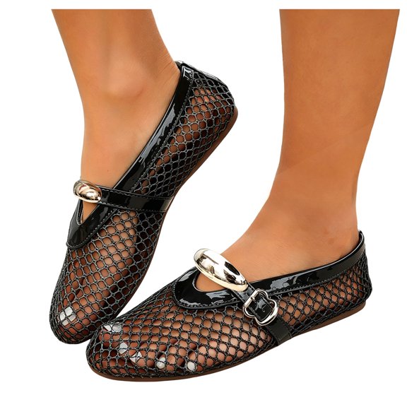 Rokment Womens Buckles Fishnet Ballet Flat Mary Jane Slip on Dressy Shoes Summer Fall Fashion Retro Mesh Closed Toe Comfortable Walking No Heel Mules Loafers Sandals Black Size 6