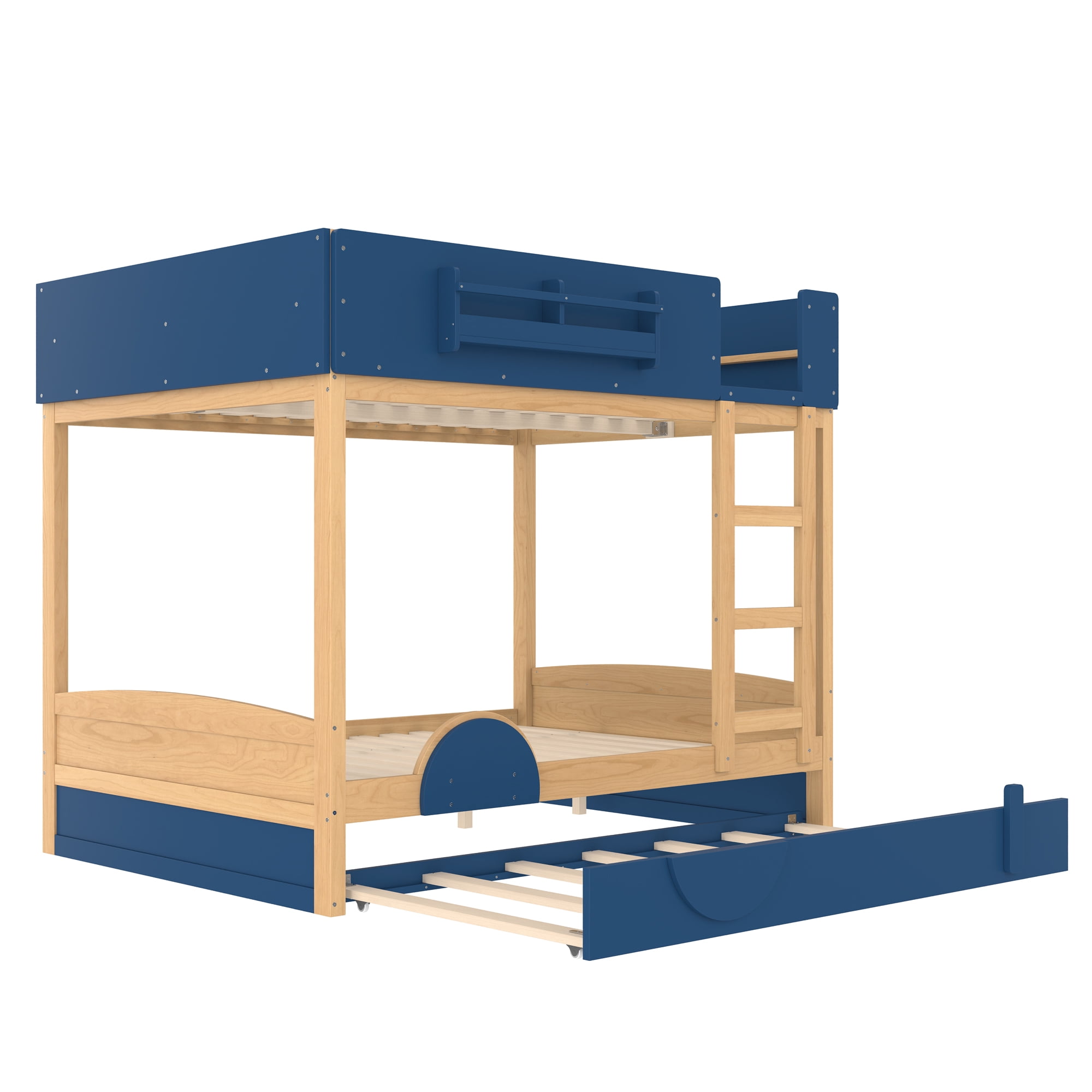 Mintazer Full Over Full Car Themed Bunk Bed with Trundle & Bookshelf, Modern Bunk Bed with Guardrail for Kids, Natural & Blue