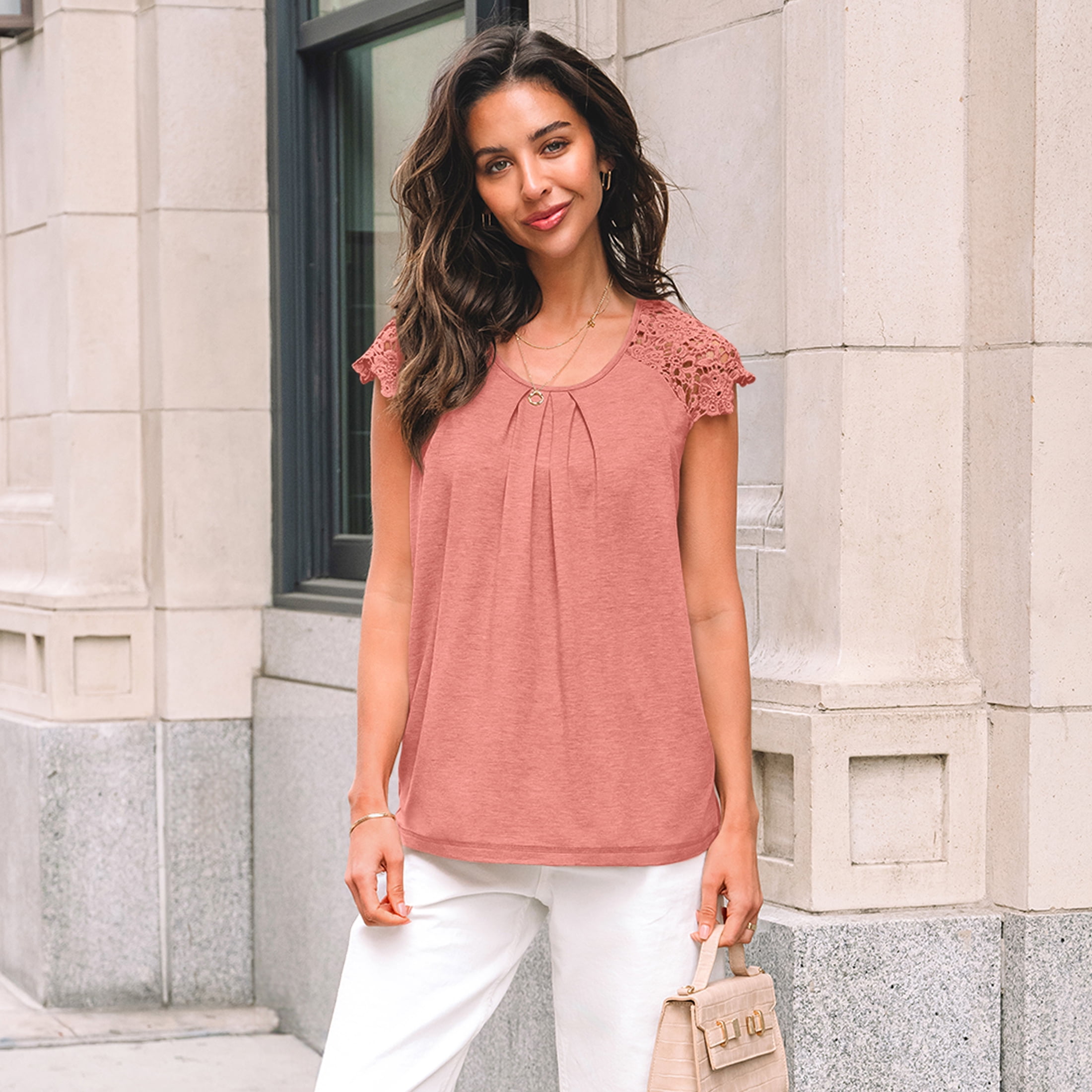 SUNBS Blouses for Women Lace Tops Pleated Short Sleeve Shirts Summer Business Casual Dressy Clothes