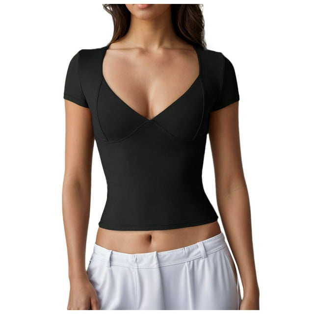 T-Shirt Ajusté à Manches Courtes et Col en V pour Femmes - Tissu Extensible, Design de Tasse Cousue