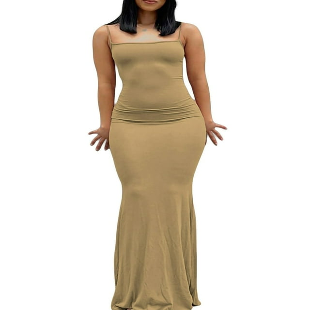 Women Sleeveless Fish Tail Dress Ladies Solid Color Spaghetti Strap Bodycon Long Skirt