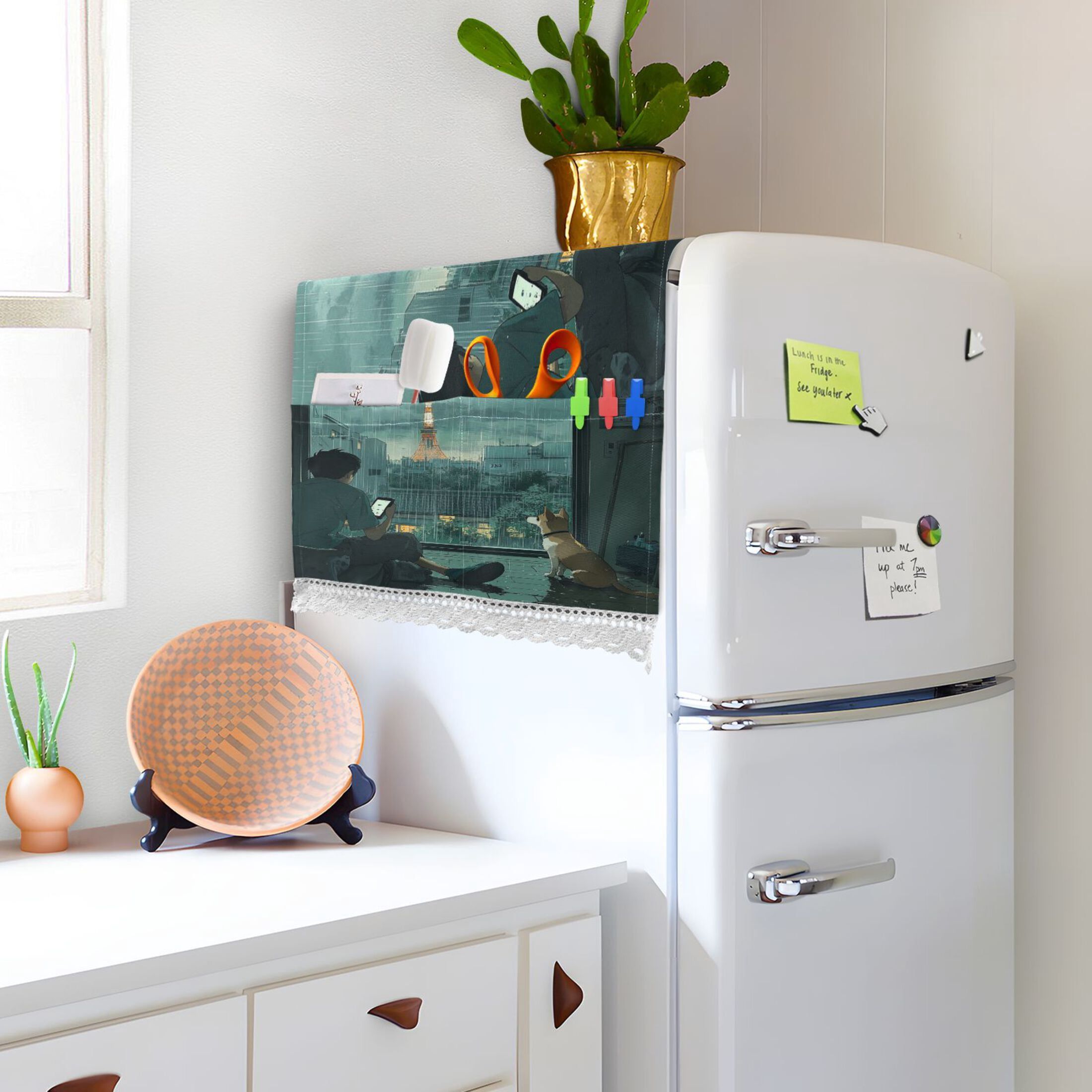 Rainy Scene Outside The WindowWasher and Dryer Covers Dust-Proof and Oil Resistant Fridge Cover with 4 Storage Pockets Washing Machine Top Cover for Laundry Kitchen Home 51.2 x 22 In